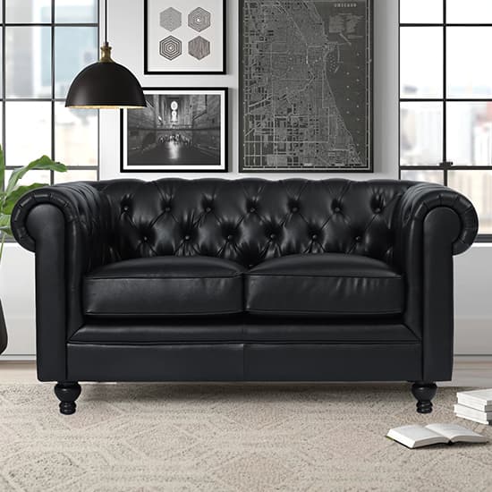 Hertford Chesterfield Faux Leather 2 Seater Sofa In Black